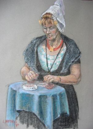 Pasteltekening van beeldend kunstenaar Louis Matthijs: Annemiek Buijs al kantklossend - 1990